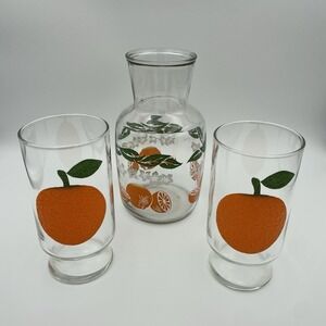 Vintage Orange Juice Carafe-32 oz and (2) Glasses -16 oz-3 Piece Set-mixed maker